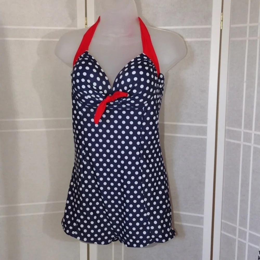 Navy Polka Dot One-Piece Swimdress with Red Halter Tie